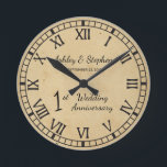 1st Wedding Anniversary Runde Wanduhr<br><div class="desc">Das klassische Geschenk für den ersten Jahrestag ist Papier. In diesem Sinne haben wir dieses rustikale Imitat in modernem Design zum ersten Jahrestag mit römischen Ziffern, Ihren Namen und Hochzeitsdatum geschaffen. Composite Design von Holiday Hearts Designs (Rechte vorbehalten). Wenn Sie vor dem Kauf irgendwelche Fragen haben oder Hilfe beim Design...</div>