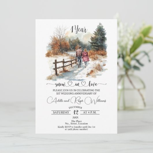 1st Wedding Anniversary Winter Landscape Romantic Einladung (Stehend Vorderseite)