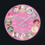 1st Year of Photos Girl Nursery Round Clock Runde Wanduhr<br><div class="desc">This cute colorful design features space for a photo from each month of baby girl's first year, along with baby's name or your own personal text! Click the customize button for more options for modifying the text/photos! Variations of this design, additional colors, as well as coordinating products are available in...</div>