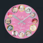 1st Year of Photos Girl Nursery Round Clock Runde Wanduhr<br><div class="desc">This cute colorful design features space for a photo from each month of baby girl's first year, along with baby's name or your own personal text! Click the customize button for more options for modifying the text/photos! Variations of this design, additional colors, as well as coordinating products are available in...</div>