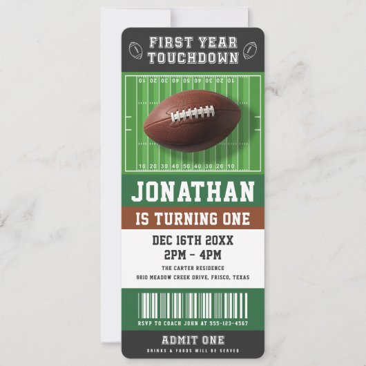 1st Year Touchdown Football Birthday Party Ticket Einladung (Vorderseite)