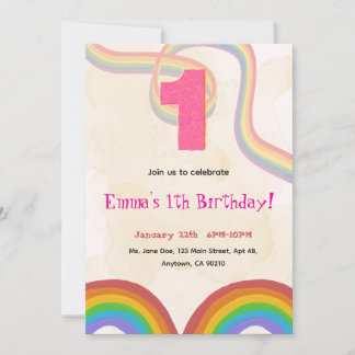 1th Birthday Invitation Girl Editable Rainbow Einladung