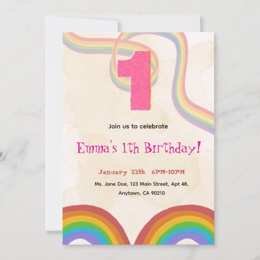 1th Birthday Invitation Girl Editable Rainbow Einladung (Vorderseite)