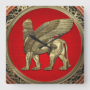 [200] Assyrian Winged Lion - Gold Lamassu Quadratische Wanduhr