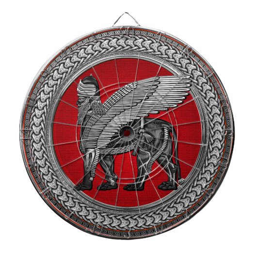 [200] Assyrian Winged Lion: Silver & Black Lamassu Dartscheibe (vorne)