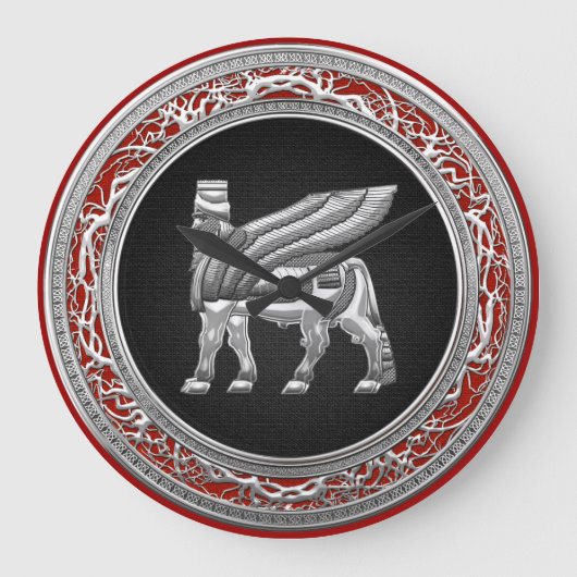 [200] Babylonian Winged Stier [Silber] [3D] Große Wanduhr (Vorderseite)