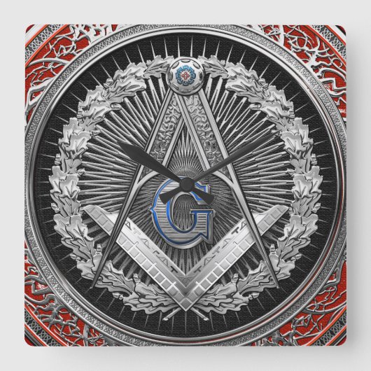 [200] Master Mason - Silver Square & Compasses Quadratische Wanduhr (Vorderseite)
