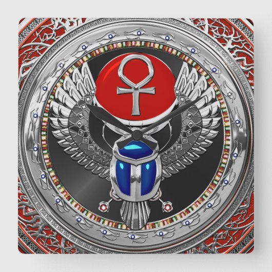[200] Sacred Silver Egyptian Winged Scarab & Ankh Quadratische Wanduhr (Vorderseite)