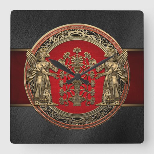 [200] Two Gold Ninurtas with Tree of Life Quadratische Wanduhr (Vorderseite)