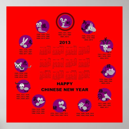 2013 Chinesischer Zodiac-Frohes Neues Jahr Kalende Poster (Vorne)
