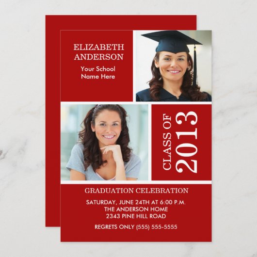 2013 Foto Abschluss Einladung Red & White (Vorne/Hinten)