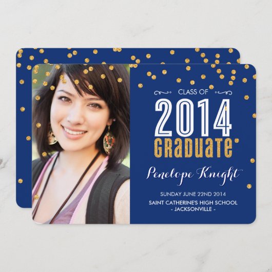 2014 GRADUATE Gold Glitzer Konfetti Königsblau Einladung (Vorne/Hinten)