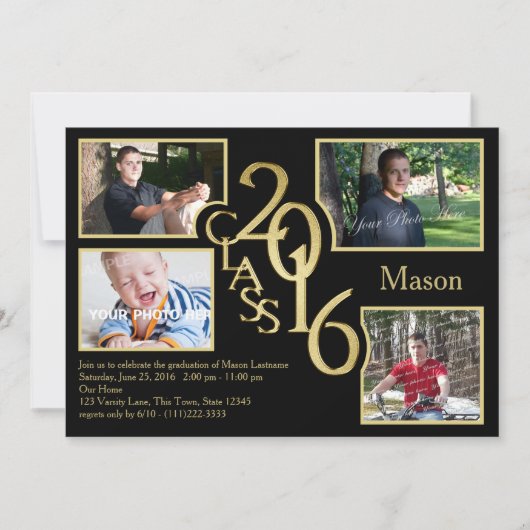 2016 Abschluss-Klasse von Quad Foto Black Einladung (Vorderseite)
