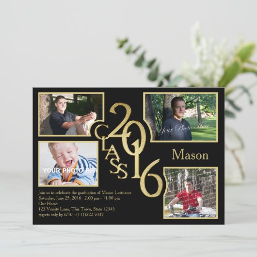 2016 Abschluss-Klasse von Quad Foto Black Einladung (Stehend Vorderseite)