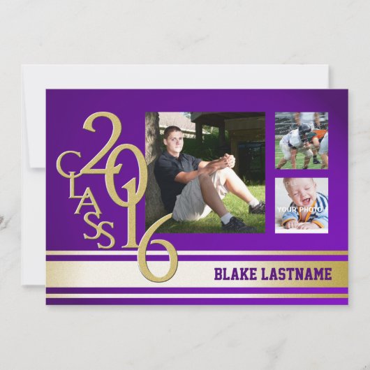 2016 Gold Lila Vielfalt Stripe Graduate Tri Foto Einladung (Vorderseite)
