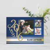 2016 Gold Varsity Stripe Graduate Tri Foto Blue Einladung (Stehend Vorderseite)