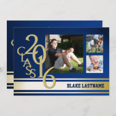 2016 Gold Varsity Stripe Graduate Tri Foto Blue Einladung (Vorne/Hinten)