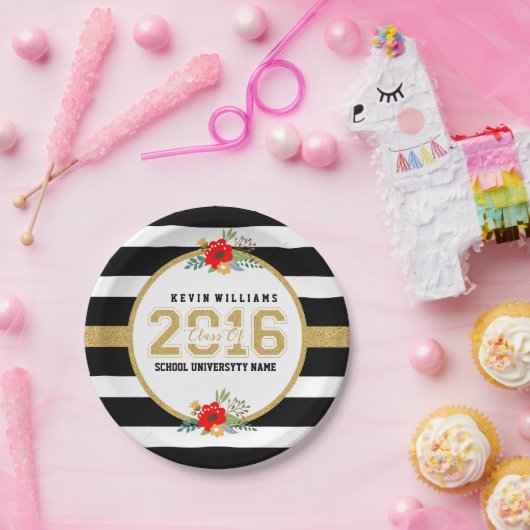 2016 - Goldmedaille, Schwarzweißstreifen und Glitz Pappteller (Party)