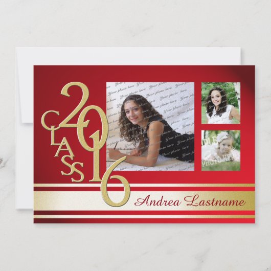 2016 Red Gold Varsity Stripe Graduate Tri Foto Einladung (Vorderseite)
