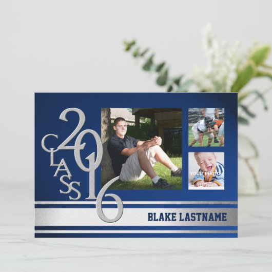 2016 Silver Varsity Stripe Graduate Tri Foto Blue Einladung (Stehend Vorderseite)