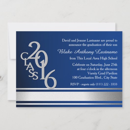 2016 Silver Varsity Stripe Graduate Tri Foto Blue Einladung (Rückseite)