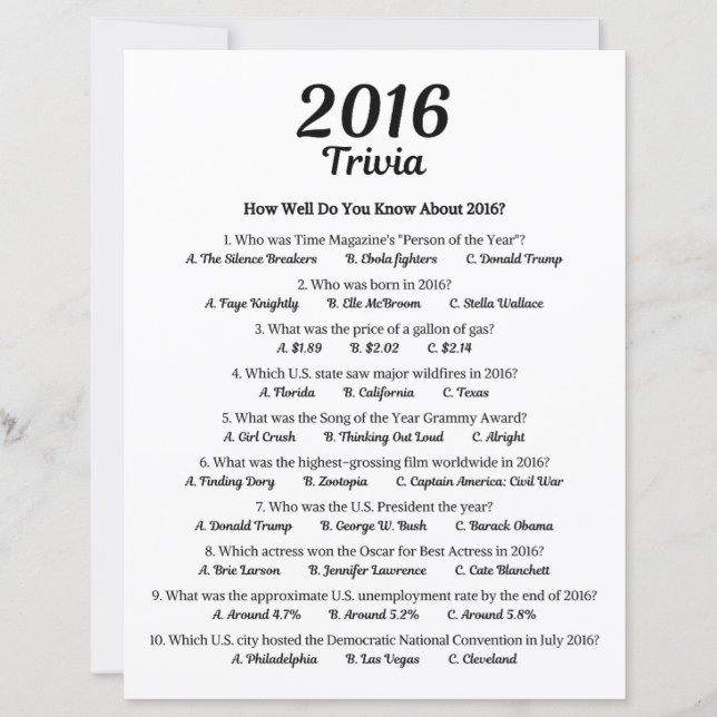 2016 Trivia Spiel | 10. Geburtstagsfeier-Spiel (Vorderseite)