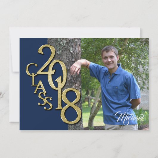 2018 Abschluss Foto Navy Blue and Gold Einladung (Vorderseite)