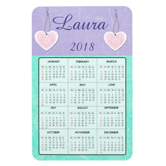 2018 Lila und Aquamariner Minikalender Name Magnet (Vertikal)