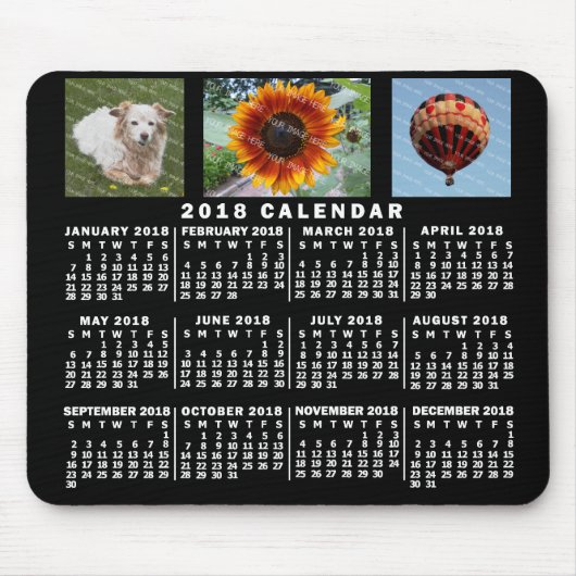 2018 Monatskalender Schwarz Custom 3 Fotos Mousepad (Vorne)