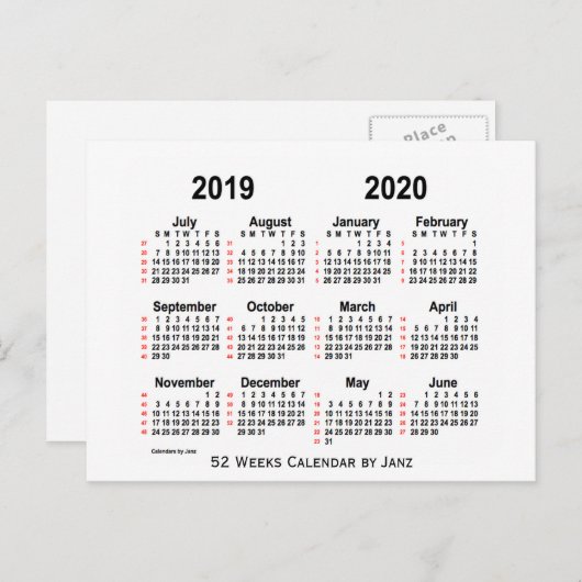 2019-2020 White 52 Weeks Calendar by Janz Postkarte (Vorne/Hinten)