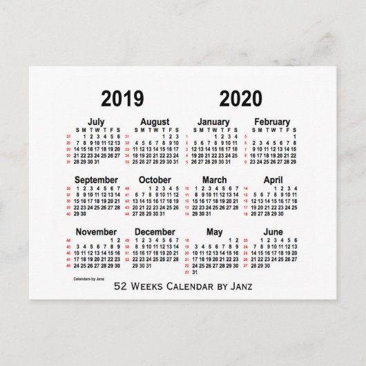 2019-2020 White 52 Weeks Calendar by Janz Postkarte (Vorderseite)