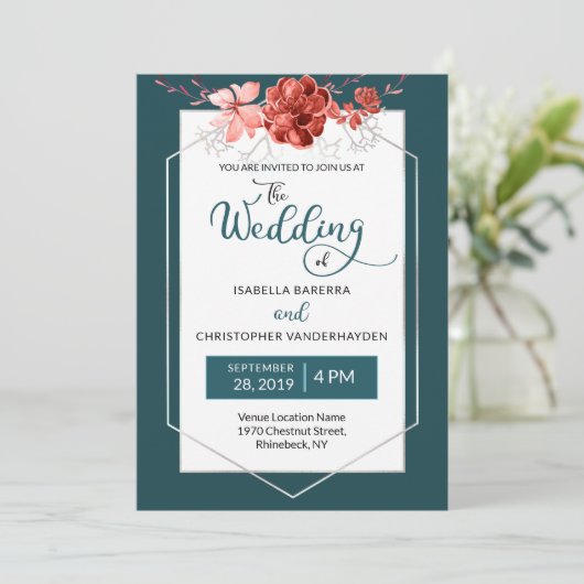 2019 aquamarine u. korallenrote geometrische einladung (Stehend Vorderseite)