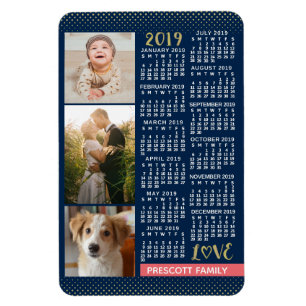 2019 Calendar Navy Koral Gold Familie Foto Collage Magnet