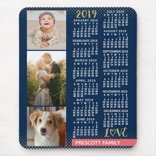 2019 Calendar Navy Koral Gold Familie Foto Collage Mousepad (Vorne)