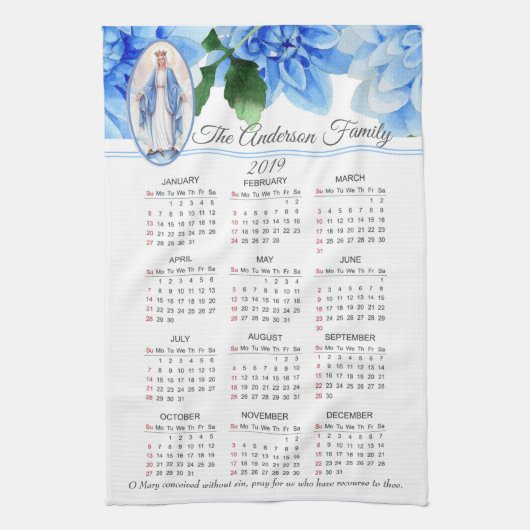 2019 gesegneter Jungfrau-Mary-Kalender Geschirrtuch (Vertikal)