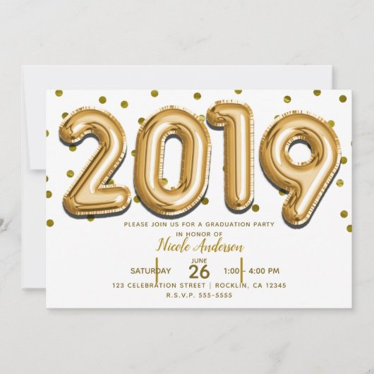 2019 GRADUATION PARTY Gold Confetti Balloons Einladung (Vorderseite)
