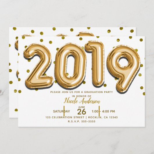 2019 GRADUATION PARTY Gold Confetti Balloons Einladung (Vorne/Hinten)