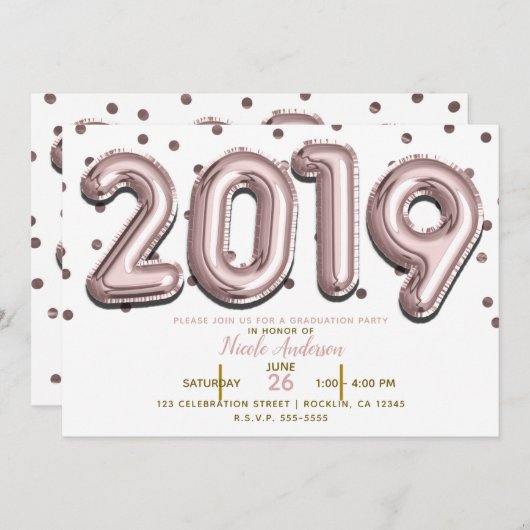 2019 GRADUATION PARTY Rose Gold Confetti Balloons Einladung (Vorne/Hinten)