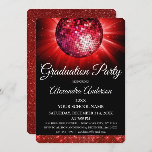 2019 Graduation Party Rote Disco Ball Sparkle Einladung (Vorne/Hinten)