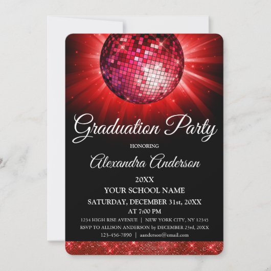 2019 Graduation Party Rote Disco Ball Sparkle Einladung (Vorderseite)