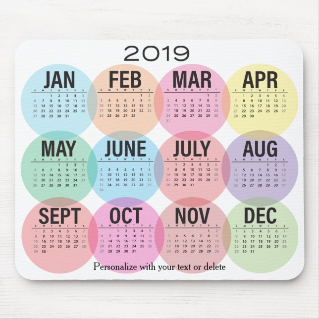 2019 Kalender-bunter Monats-Entwurf Mousepad (Vorne)