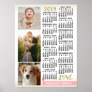 2019 Kalender in zartem Rosa und Gold Familien-Fot Poster