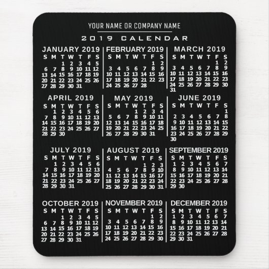 2019 Monatlicher Kalender Schwarz-weißer Individue Mousepad (Vorne)