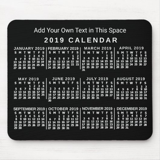 2019 Monatskalender Benutzerdefiniert Schwarz und  Mousepad (Vorne)