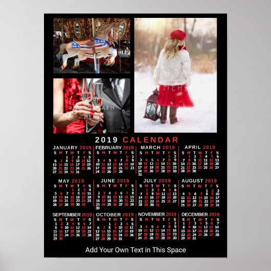2019 Monatskalender Schwarz Custom 3 Fotos Poster (Vorne)