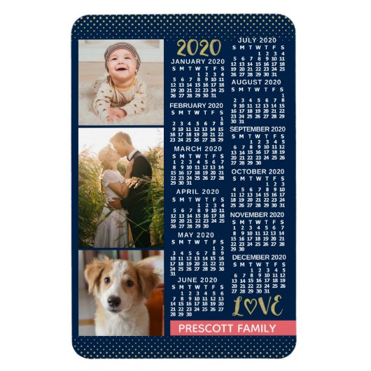 2020 Calendar Navy Koral Gold Familie Foto Collage Magnet (Vertikal)