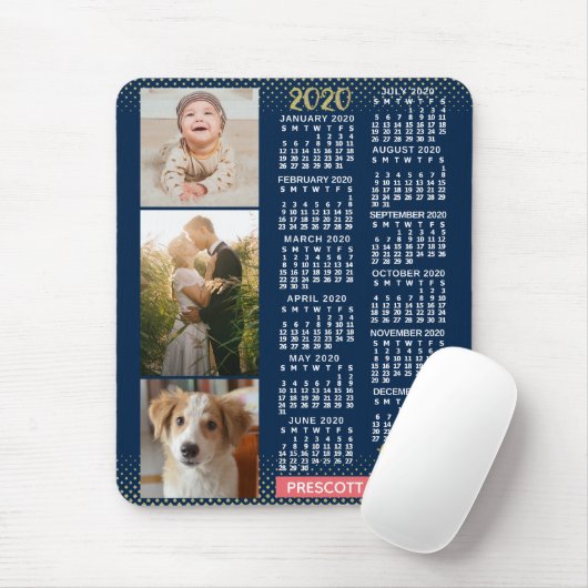 2020 Calendar Navy Koral Gold Familie Foto Collage Mousepad (Mit Mouse)