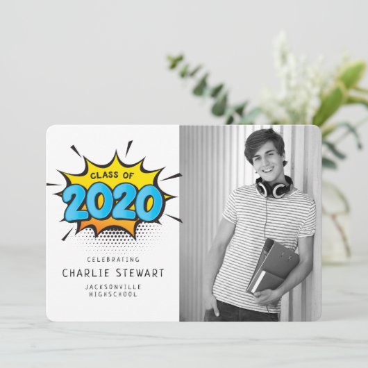 2020 GRAD PARTY Comic Buch Typografie Spaß Absolve Dankeskarte (Stehend Vorderseite)