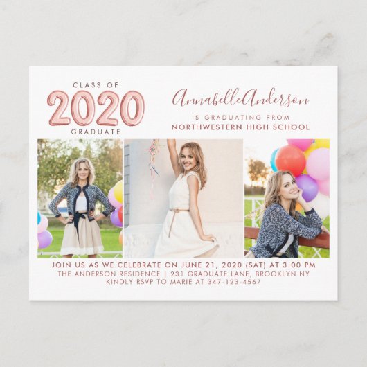 2020 Graduate Rose Gold 3 Foto Graduation Party Einladungspostkarte (Vorderseite)