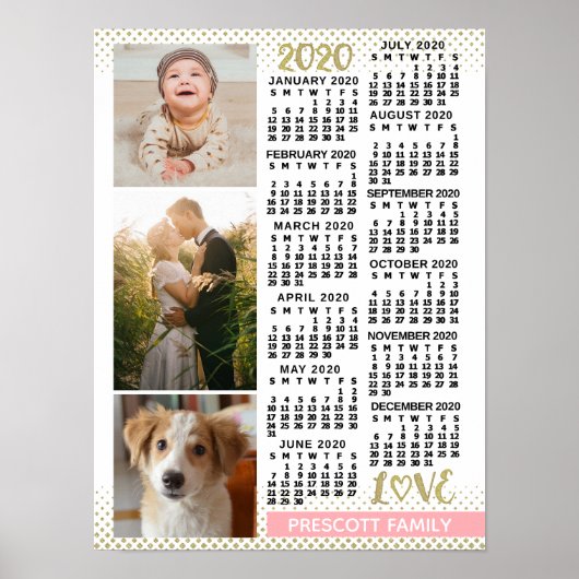 2020 Kalender Rosa Gold Familienfoto Collage Poster (Vorne)